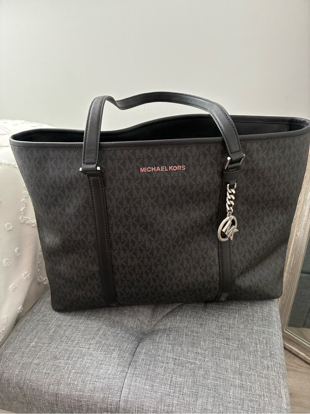 Michael Kors Black Monogram Tote with Silver MK Charm